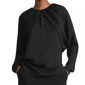 NWT Lafayette148 Ruched Silk Bolero Long Sleeve Georgette Top Blouse Black Sz XS
